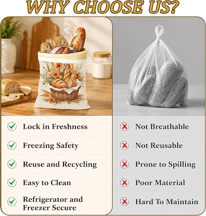 2 Pack Beeswax Basket Floral Bread Bags for Sourdough, Reusable Linen Golden Wheat Bread Bag 17x13'' Food Storage Cloth Bag Freezer-Friendly & Freshness Preservation