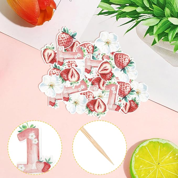 60 PCS Edible Sweet One Strawberry Cupcake Toppers Flower Strawberry First Birthday Cake Decorations Edible Berry Strawberry Cupcake Picks for Baby Shower 1st Birthday Party Food Decorations Supplies