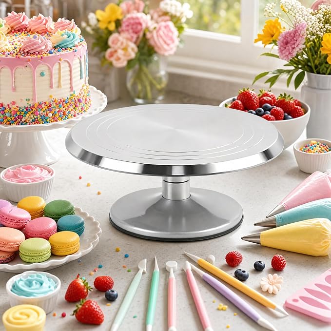 12-Inch Aluminum Alloy Cake Turntable, Rotating Cake Decorating Stand with Non-Slip Detachable Base & Concentric Marking Circles, Smooth 360° Rotation for Baking, Model Coloring, Display (Silver)