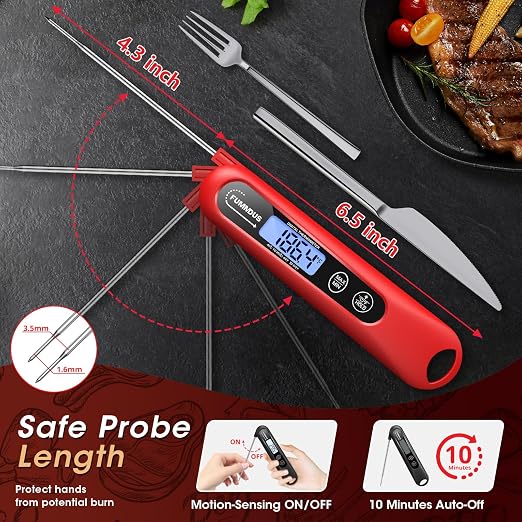 Digital Meat Thermometer - 2S Instant Read Food Thermometer with Backlight, Foldable Probe for Turkey BBQ Grill Smoker Candy, Essential Kitchen Cooking Gadget (Red)