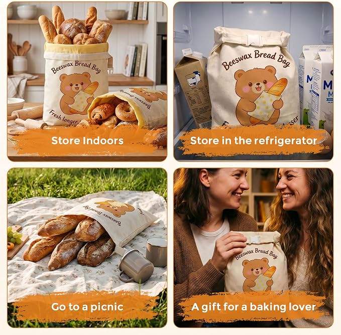 Beeswax Bread Bags for Homemade Bread - 2 Pack- Extra Large 17"×13" Reusable Sourdough Bread Bags for Storage with Zipper Closure, Keep Bread Fresh Naturally, Freezer Safe
