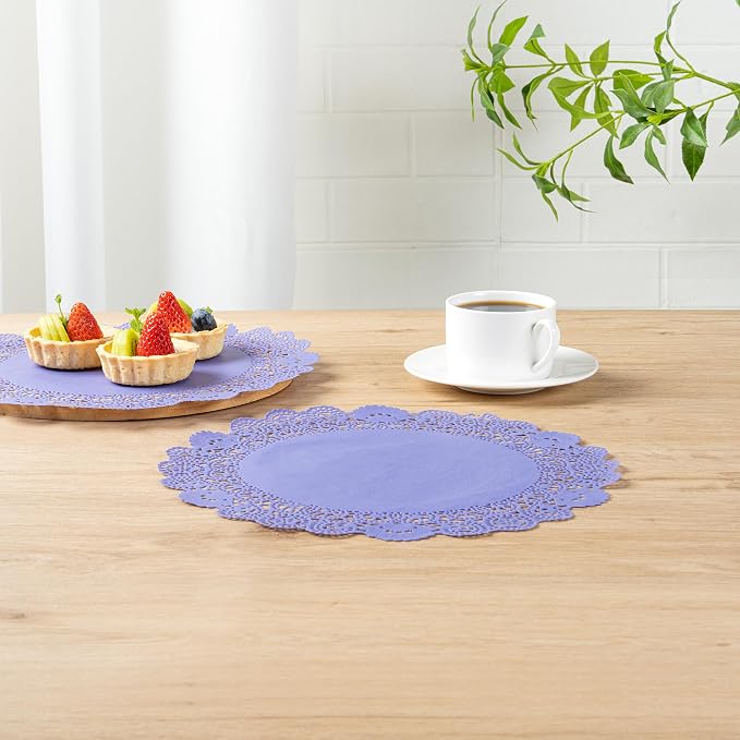 Pastry Tek 12 x 12 Inch Paper Lace Doilies, 100 Disposable Table Doilies - Elegant Lace Finish, Long Lasting, Purple Paper Doily, for Pastries, Cupcakes, Desserts - Restaurantware