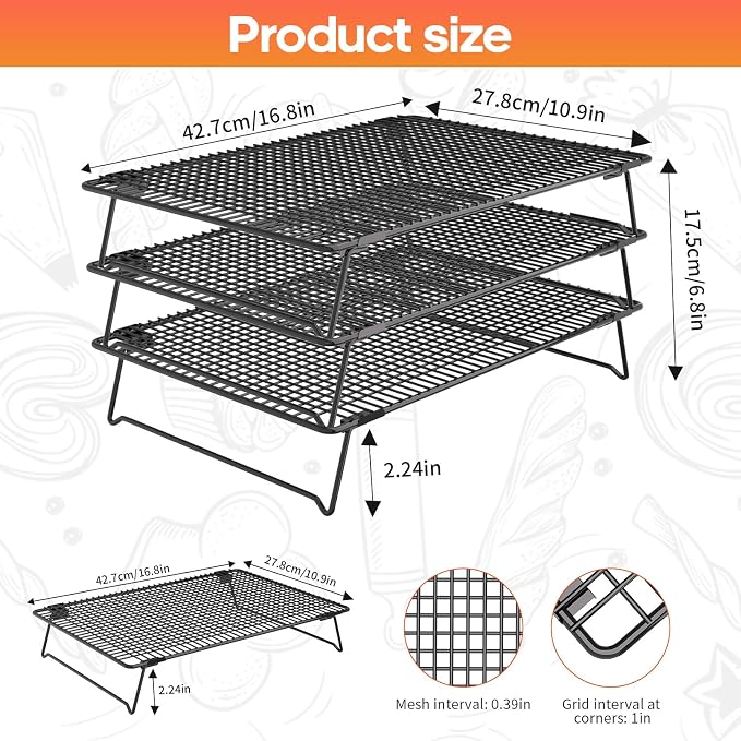 3-Tier Stackable Cooling Rack, 17"x11" Heavy Duty Wire Baking Rack | 100PCS Parchment Paper,Oven Safe Multiuse cookie cooling rack for Pizza,Cake, Bread, Cupcake, Bacon