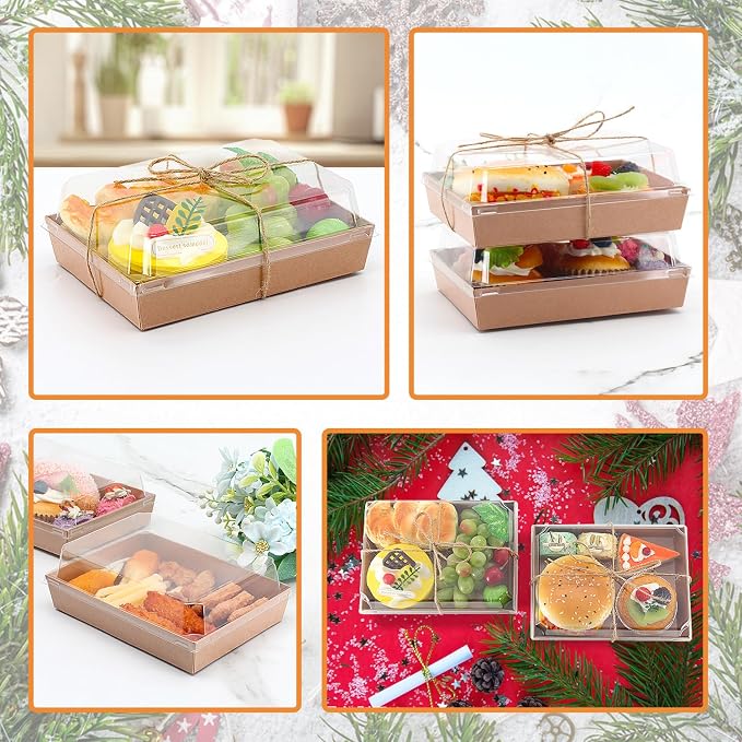 7x5x2.5 Charcuterie Boxes with Clear Lids, Large Disposable Bakery Dessert Boxes, Bakery Take Out Containers, To Go Food Container for Chocolate, Sandwich, Cookie, Cupcake, Pastries (50, Brown)