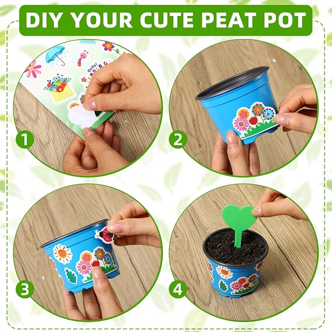 50 Sets Garden Pot Craft Kit, Flower Plant Spring Craft Including Plastic Nursery Plant Pots Labels Tags Stickers for DIY Flower Planting Growing Birthday Arts Kit (Fresh)
