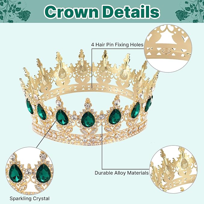 Crown Cake Topper, Green & Gold Crown Balls Happy Birthday Cake Toppers Candles Butterfly, Corona Para Pastel, Crown Cake Decoration for Women Queen Princess Party Wedding (Gold, Green)