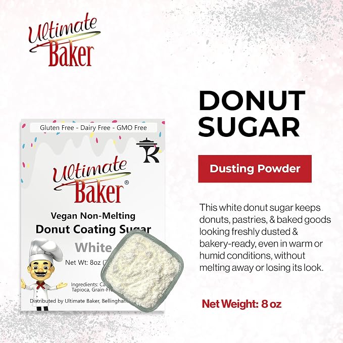 Ultimate Baker Vegan Non-Melting White Donut Sugar - All Natural Snow Sugar for Dusting Donuts, Icing & Baking with a Smooth White Coating for Decorating, Frosting & Finishing (8oz)