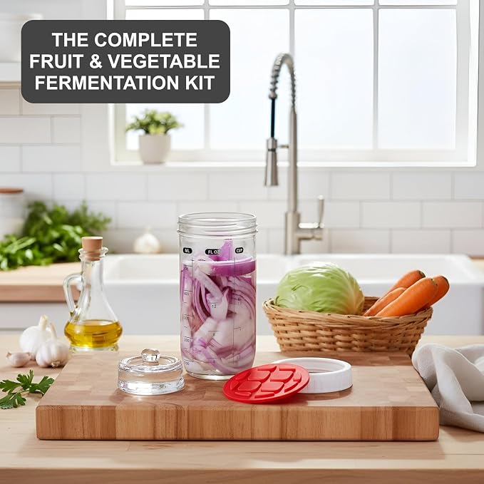 Fermentation Kit with Mason Jar – Fermentation Lids & Glass Weight, Burping Lids for Mason Jars, Easy Vegetable Fermenting Jar Starter Set for Pickles & Sauerkraut