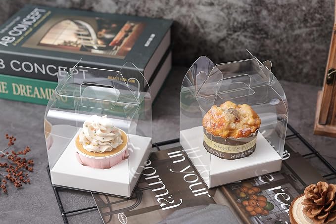 12 PCS Individual Cupcake Containers Single Cupcake Boxes with Handle and Inserts Clear Plastic Favor Boxes