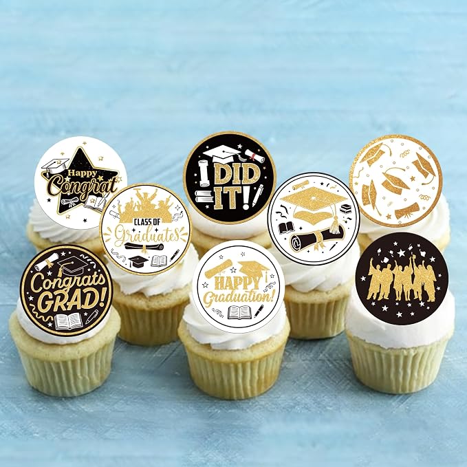 63 PCS Edible 2026 Graduation Cupcake Toppers Wafer Paper Class of 2026 Cake Decorations Edible Diploma Congrats Grad Cap Cupcake Picks for Congratulations 2026 Graduation Theme Party Supplies Gold