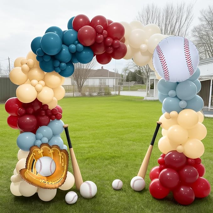 Baseball Balloon Arch Kit, 4th of July Balloon Arch Red Dusty Slate Blue Ivory Nude Balloons Garland With Baseball Foil Balloons for Men Boys Baseball Birthday Party Decorations Sport Patriotic Party