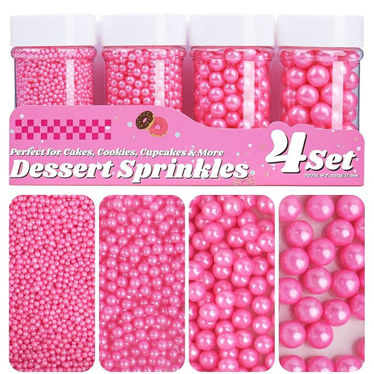 Pink Pearl Sprinkles for Cake Decorating, 11.3oz/320g Edible Pearls Sugar 4 Jars Set for Baking Cupcakes Cookies Ice Cream