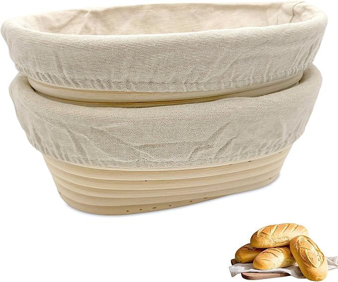 Bread Proofing Basket Set - 2 Oval Banneton Baskets with Linen Liners for Sourdough & Artisan Bread Making, Natural Rattan (8" x 5")