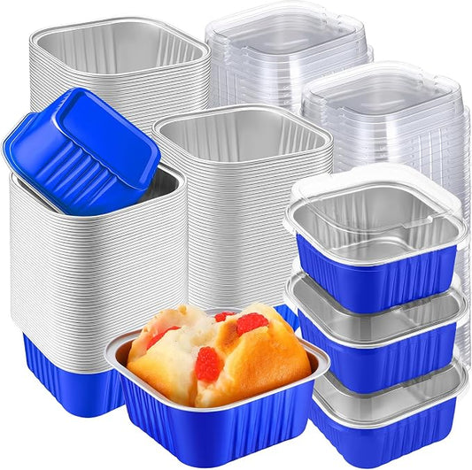 200 Pack 5 oz Mini Cake Pans with Lid, Aluminum Foil Mini Baking Tins, Square Disposable Cupcake Baking Cup Dessert Container for Wedding Birthday Party Picnic(Dark Blue,Classic)