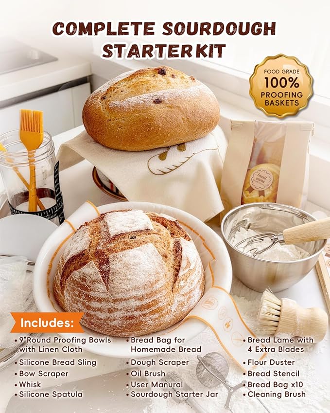 Complete Sourdough Starter Kit for Beginners & Bakers | Sourdough Bread Baking Supplies with Round Banneton Bread Proofing Basket, Bread Sling, Starter Jar, Dough Whisk, Scrapers, Bag & Manual