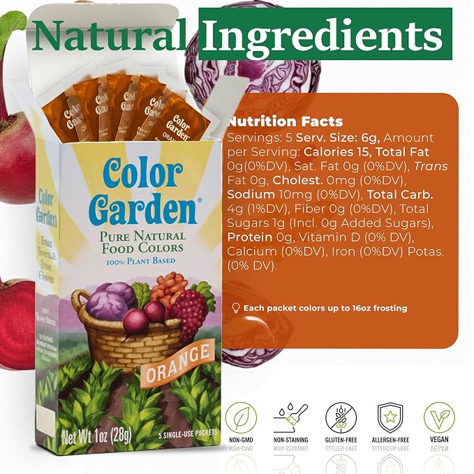 Color Garden Pure Natural Food Coloring, Orange – 5 ct 1 oz | Plant-Based, Vegan, Non-Toxic Liquid Food Dye, Healthy Food Coloring