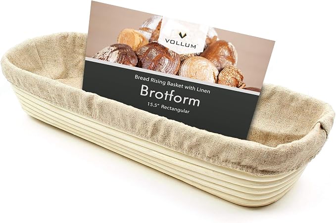 Vollum Banneton Bread Proofing Basket & Liner – Handmade Rustic Sourdough Bread Baking Supplies, Baguette Brotform, Sour Dough Tools, Gifts for Bakers - Rectangular - 15.5 x 5.5 x 3.5"H