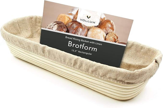 Vollum Banneton Bread Proofing Basket & Liner – Handmade Rustic Sourdough Bread Baking Supplies, Baguette Brotform, Sour Dough Tools, Gifts for Bakers - Rectangular - 15.5 x 5.5 x 3.5"H