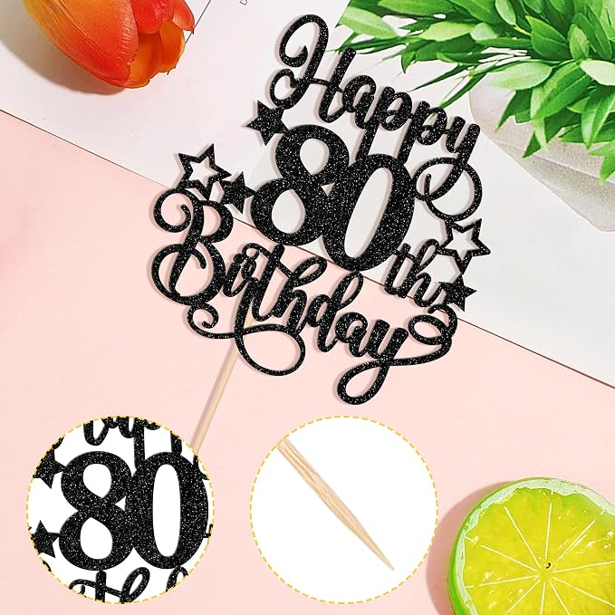 1 PCS Happy 80th Birthday Cake Topper Glitter Cheers to 80 Years Birthday Cake Pick Hello 80 Fabulous Cake Decoration for Happy 80th Birthday Anniversary Party Decorations Supplies Black