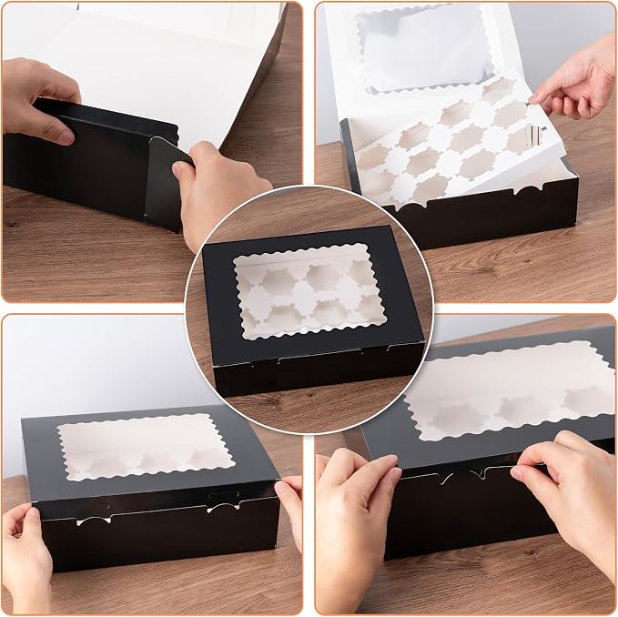 Hoewina 12PCS Cupcake Boxes - Hold 12 Count Cupcake Containers with Window, Food Grade Cupcake Holder Easy Transport and Presentation - Ideal for Cupcakes, Desserts, and More (Black)