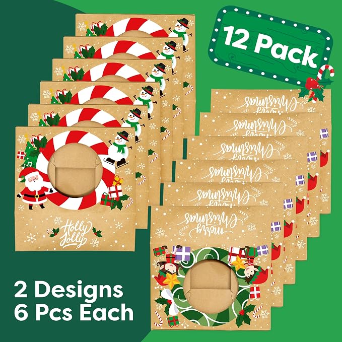 Christmas Cookie Boxes for Gift Giving - 12 Kraft Christmas Cookie Tins With Lids - Sturdy Christmas Treat Boxes, Christmas Tins - Festive Christmas Cookie Box Packaging - Cookie Boxes with Window