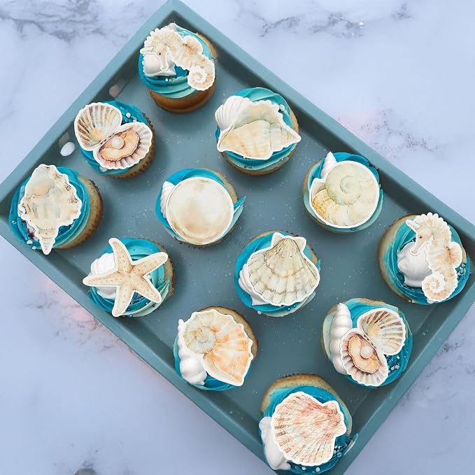 Gyufise 60Pcs Edible Sea Shell Cupcake Toppers Starfish Conch Seahorse SeaShell Cupcake Picks Edible Beach Party Decorations for Under the Sea Baby Shower Wedding Birthday Party Cake Decors Supplies
