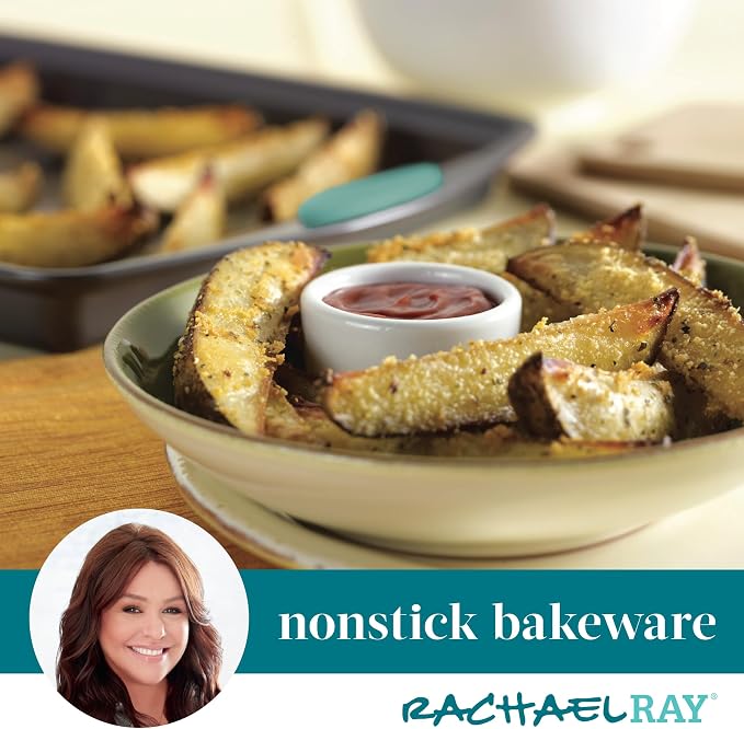 Rachael Ray Nonstick Baking Pans Set, 3-Piece Cookie Pan Bakeware, Gray with Agave Blue Silicone Grips