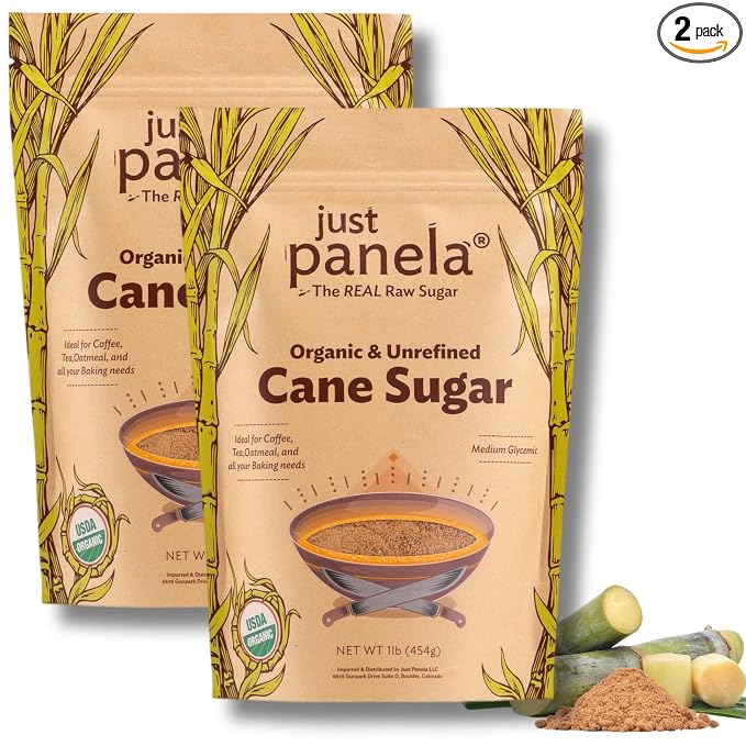 Just Panela Organic Unrefined Cane Sugar - 1 Pound, Pack of 2 - Sweeten Your Coffee with Natural Panela - Unprocessed and Handcrafted Cane Sugar with Intact Natural Minerals - Jaggery Powder