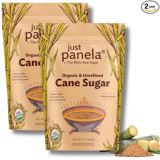 Just Panela Organic Unrefined Cane Sugar - 1 Pound, Pack of 2 - Sweeten Your Coffee with Natural Panela - Unprocessed and Handcrafted Cane Sugar with Intact Natural Minerals - Jaggery Powder