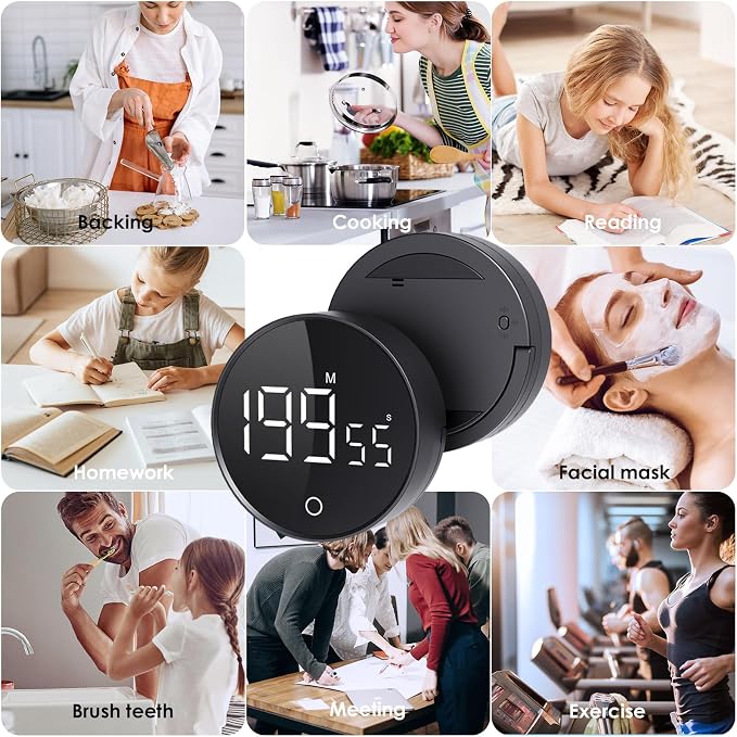 Simpeak Digital Kitchen Timer Classroom Timers, Rechargable LED Visual Timer from 0 to 199 Minutes, 3 Alarm Volume, Magnetic Countdown Countup Timer with Stand for Cooking Baking Workout Study