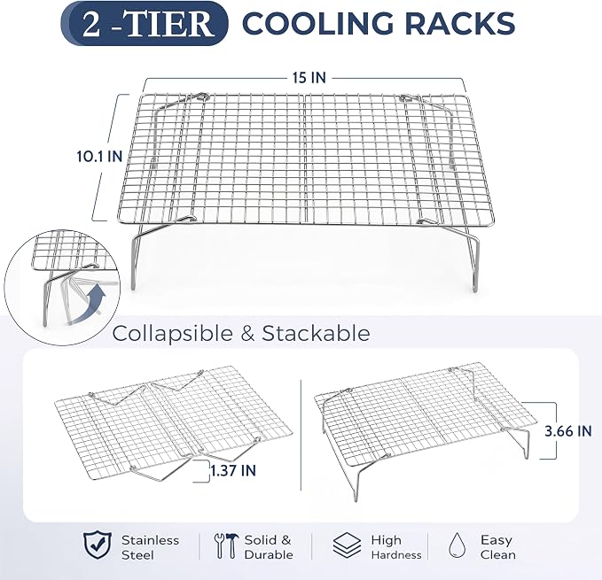 E-far Collapsible Cooling Rack for Cooking and Baking - 15”x10” Stackable Tight-Wire Stainless Steel Cookie Rack for Baking Sheet, Oven, Roasting, Dishwasher Safe & Space Saving, 2-Tier