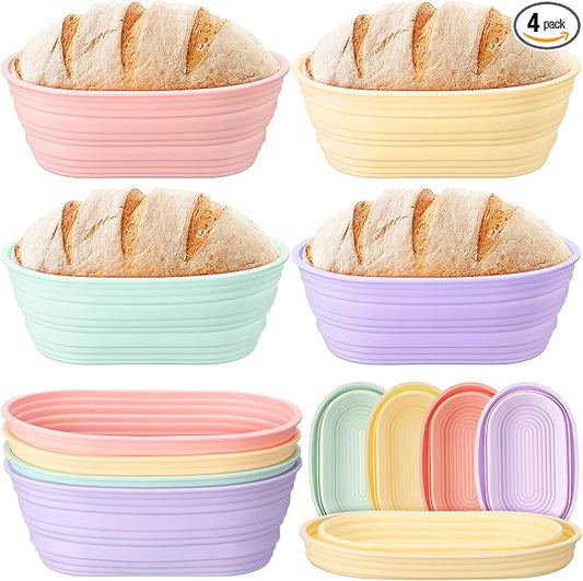 Honeydak 4 Pcs Silicone Bread Proofing Baskets Oval Banneton Basket 10" Collapsible Sourdough Bread Baking Supplies Non-stick Dough Proofing Bowls Container Oven Safe for Breads Making (Vibrant Color)