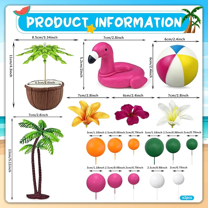 20 PCS Hawaiian Beach Cake Decorations Set Summer Tropical Cake Topper with Flamingo Rainbow Coconut Tree for Hawaiian Party Beach Theme Party Decor