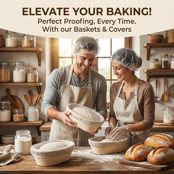 LemonRoad 2 Pcs Bread Proofing Baskets with Shower Caps Set 10 Inch Oval Banneton Basket Sourdough Proofing Basket with Cloth Liners &1000 Pcs Shower Caps for Sourdough Bread Making Fermentation