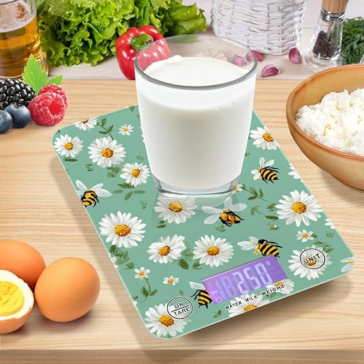 Food Scale Kitchen Scale for Baking Cooking Digital Food Weighing Measuring Scale Small Waterproof Electric Food Scale Mint Green Daisy Flowers and Bees