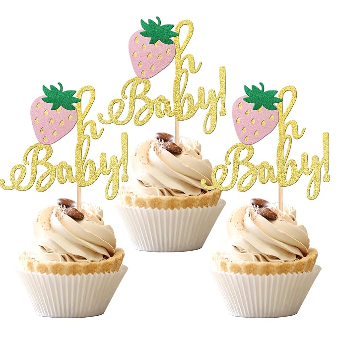 24 PCS Strawberry Oh Baby Cupcake Toppers Glitter Baby Shower Strawberry Cupcake Picks for Fruit Theme Baby Shower Kids Boys Girls Birthday Party Cake Decorations Supplies Gold