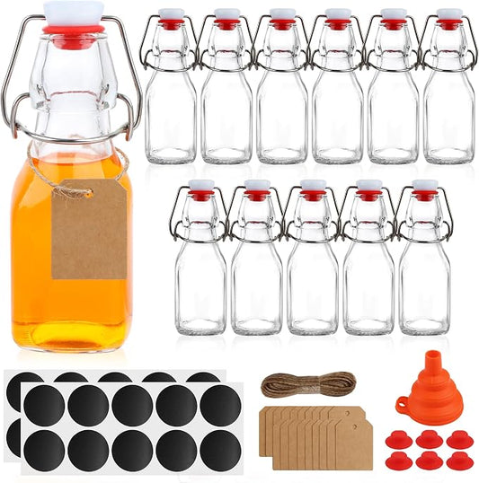 12 Pack 4oz Swing Top Glass Bottles, 125ML Square Bottles with Airtight Stoppers for Kombucha, Kefir, Vanilla Extract, Beer(Bonus Gaskets, Labels and Funnel)