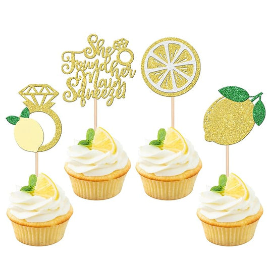 24 PCS Lemon Cupcake Toppers Glitter Lemonade Party She Found Her Main Squeeze Cupcake Picks for Lemon Theme Baby Shower Wedding Engagement Bridal Shower Birthday Party Cake Decorations Supplies