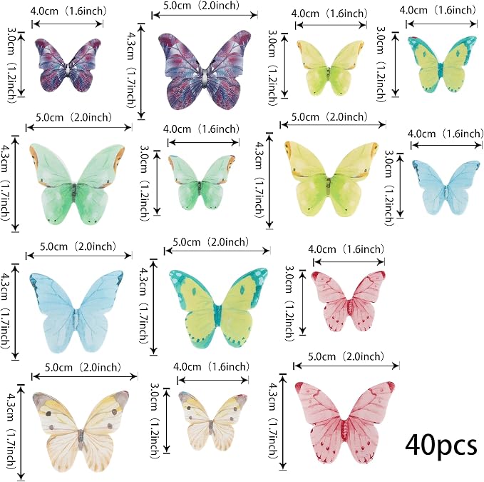 40 PCS Wafer Paper Butterfly Cupcake Toppers Edible Butterflies for Cake Decorations Colorful Edible Butterfly Cake Toppers for Wedding Birthday Party Cupcake Decorating Supplies