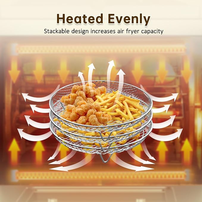 7.95 Inch Air Fryer Rack Set of 3 - Compatible with 4.2-5.8 QT Air Fryer, Stackable Stainless Steel Air Fryer Basket Accessories for Baking Oven Steamer, Round