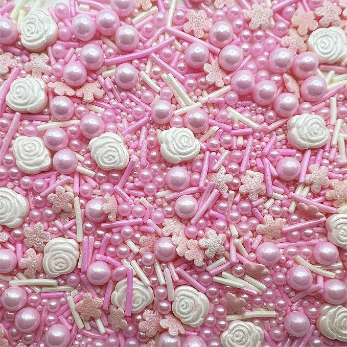 SE Si&Moos Pink Sprinkles for Cake Decorating Edible Pink Rose for Cake Decorating Valentines Sprinkles Pink Pearl Sprinkles for Cake Decorations, Baking, Ice Cream, Cookies, Cupcake Toppers Party Baby Shower Holiday Supplies 3 OZ