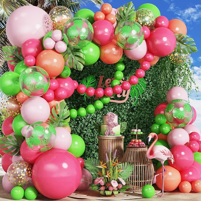 Tropical Balloon Arch Garland Kit, Hawaiian Luau Party Decorations with Hot Pink and Green Balloons, Palm Leaves Balloons Gold Confetti Balloons for Aloha Flamingo Beach Summer Theme Party Decofations
