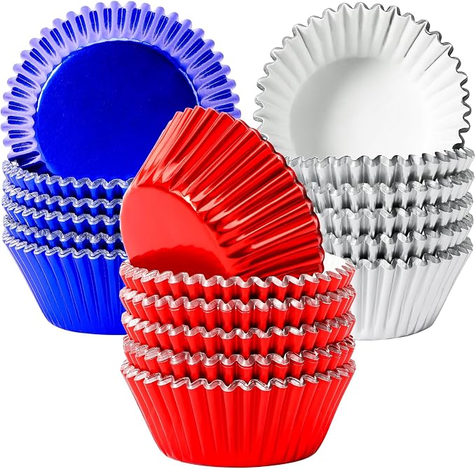 SANNIX 450Pcs 4th of July Foil Cupcake Liners Red Blue Silver Cupcake Liners Baking Cups for Patriotic Independence Day Holiday Birthday Veterans Party Cake Candy Chocolate Decorations