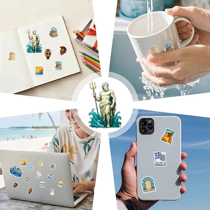 100 PCS Greece Stickers Pack, Greek Travel Vinyl Waterproof Decals of Santorini Athens Mykonos Parthenon and Gods Culture Food Architecture Art Sticker for Laptop Water Bottle Scrapbook Teens