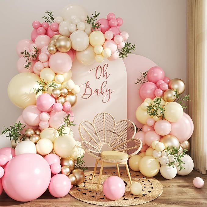 Pink and Yellow Balloon Arch Kit 124Pcs Pastel Light Pink Yellow Sand White Gold Balloons for Bee Theme Baby Shower Wedding Bridal Shower Birthday Party Decorations