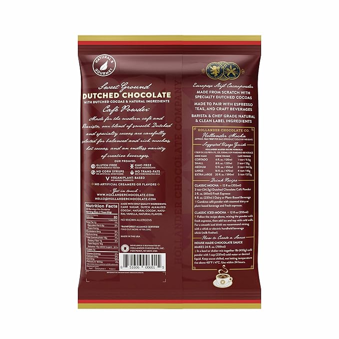 Hollander Sweet Ground Dutched Chocolate Powder | 2.5lb Bag | Beverage, Specialty Coffee Drinks, Baking & Desserts | Clean Label & Gourmet Ingredients | GMO Free, Rainforest Alliance Certified
