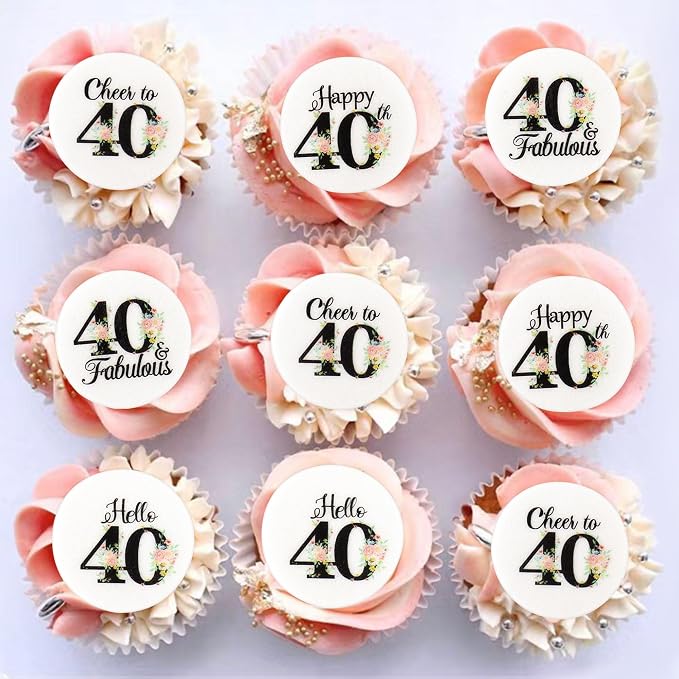 40Pcs Edible Circle Happy 40th Birthday Cupcake Toppers Edible Floral Hello 40 Fabulous Cheers to 40 Cupcake Picks Drink Toppers for Funny Female Floral 40th Birthday Party Decorations