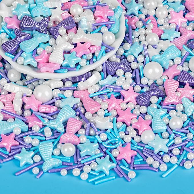 Edible Mermaid Sprinkles,130g/4.58oz,Sugar Pearl Stars Jimmies Mix,Pearl Candy Ocean Sprinkles,Summer Baking Cake Fun Decorations,Perfect for Ice Cream,Cookies,Dessert,Cupcake Topper,Birthday Children's Anime Theme Party Supplies