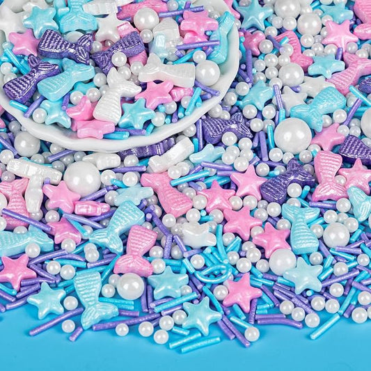 Edible Mermaid Sprinkles,130g/4.58oz,Sugar Pearl Stars Jimmies Mix,Pearl Candy Ocean Sprinkles,Summer Baking Cake Fun Decorations,Perfect for Ice Cream,Cookies,Dessert,Cupcake Topper,Birthday Children's Anime Theme Party Supplies
