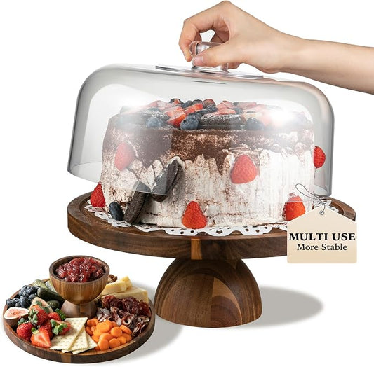 Cake Stand with Lid, 2 in 1 Acacia Wood Acrylic Dome, No Glass, 12in | 2 In 1 Cake Stand & Charcuterie Board, More Stable and Large, Suitable for Various Party Scenes, Inclued EDIBLE PENS with DIY